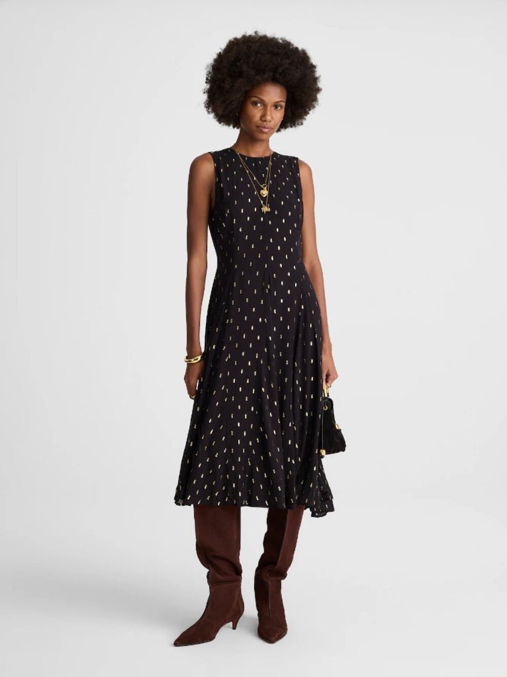Madewell Sleeveless Flared Metallic Dot Midi Dress Crinkle Viscose Size 8